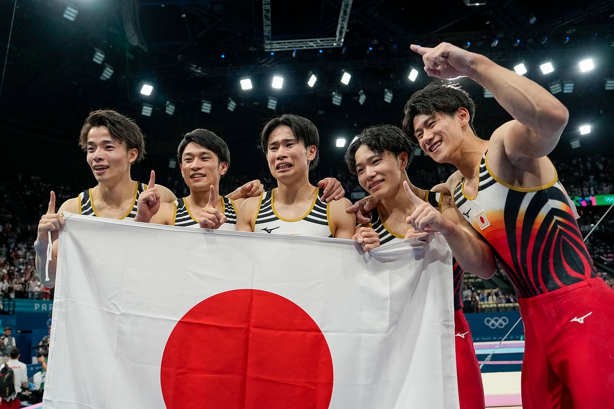 (AP Photo/Francisco Seco) : during the men's artistic gymnastics team finals round at Bercy Arena at the 2024 Summer Olympics, Monday, July 29, 2024, in Paris, France. 
